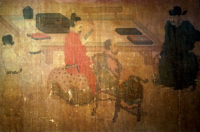 Három jól olvasott ember Lieou-Li Tangból a beszélgetésben alkotó: after Zhou Wenju